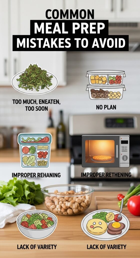 Unorganized meal prep containers with soggy food, spilled ingredients, and overcooked vegetables on a messy kitchen counter.