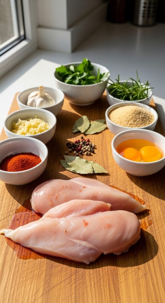 Fresh raw chicken breasts placed on a wooden kitchen board, surrounded by small bowls of paprika, garlic powder, breadcrumbs, eggs, and herbs, illuminated by bright natural kitchen light.