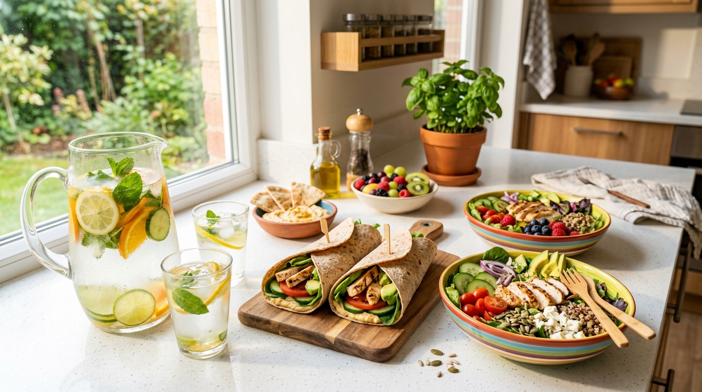 Healthy quick lunch meals with grilled chicken wraps, salad bowls, and fruit-infused water on a bright kitchen counter