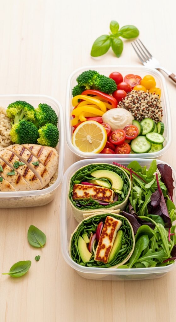Three healthy meal prep containers showing chicken with rice, quinoa veggie bowl, and a wrap with fresh salad.