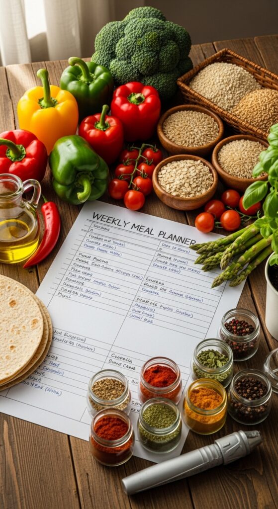 Weekly meal planning sheet with handwritten healthy meals surrounded by fresh vegetables, grains, and cooking ingredients on a table.