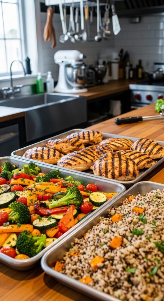 Batch cooking setup with trays of roasted vegetables, grilled chicken, and cooked grains cooling on a kitchen counter.