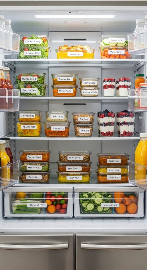 Organized refrigerator filled with glass containers of healthy prepped meals in different colors and portions.