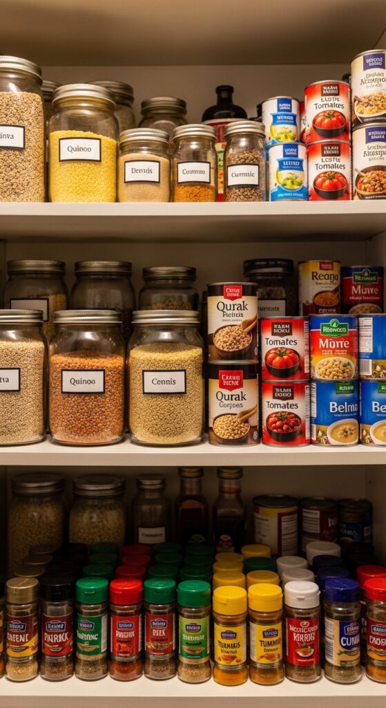 A neatly organized pantry shelf with labeled jars of grains, canned goods, and colorful spice bottles in warm kitchen lighting