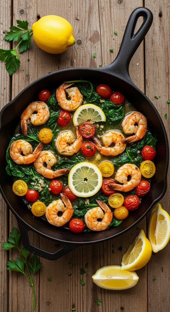 A cast-iron skillet filled with golden shrimp, cherry tomatoes, wilted spinach, and lemon butter drizzle on a rustic wooden table