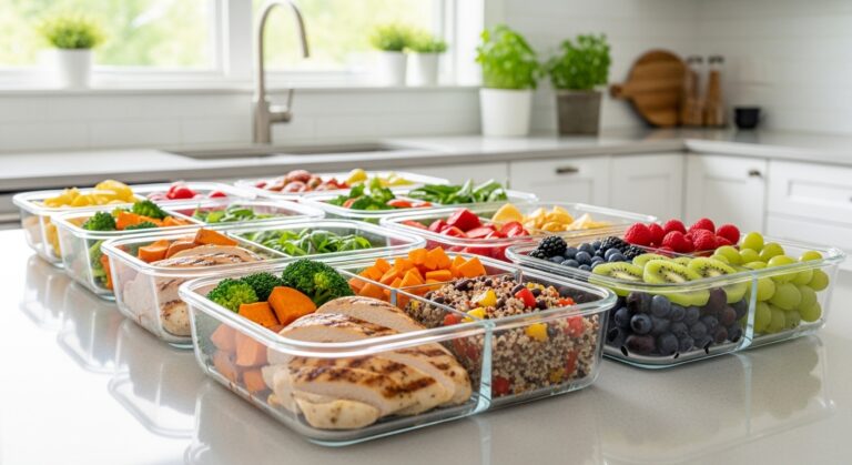 Healthy weekly meal prep containers arranged on a kitchen counter with grilled chicken, quinoa, roasted vegetables, and fresh fruits.