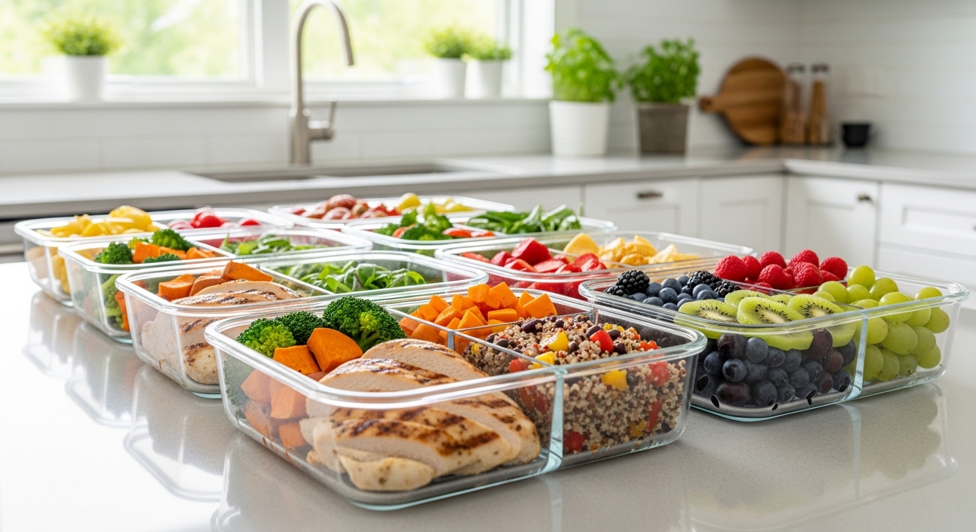 Healthy weekly meal prep containers arranged on a kitchen counter with grilled chicken, quinoa, roasted vegetables, and fresh fruits.