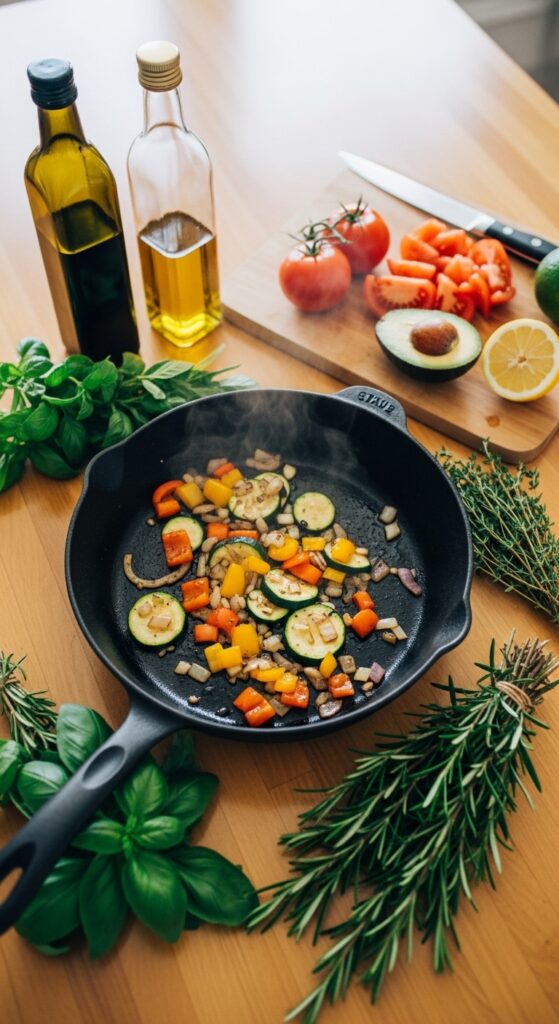 Alt Text: A bright kitchen counter with fresh vegetables, herbs, olive oil, and a sizzling skillet in warm natural light