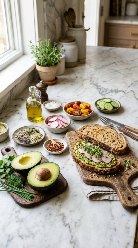 How to Make Healthy Avocado Toast with Nutritious Toppings 3 Fresh avocados, whole-grain bread, vegetables, seeds, and herbs arranged on a bright marble kitchen counter.