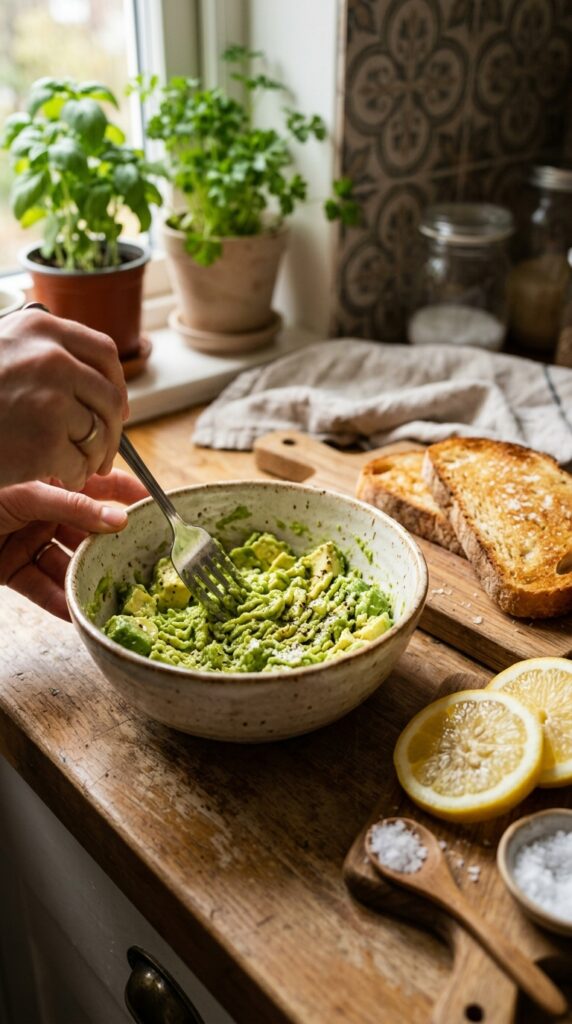 Ripe avocado being mashed in a ceramic bowl beside toasted bread and fresh lemon slices.