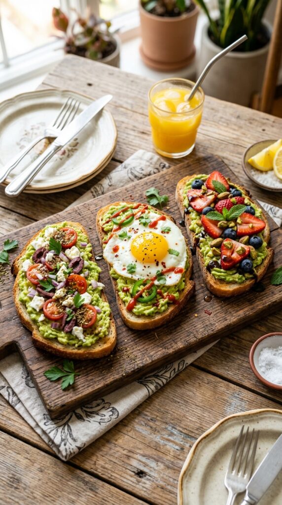How to Make Healthy Avocado Toast with Nutritious Toppings 5 Three avocado toast variations including Mediterranean, spicy, and sweet styles on a wooden serving board.