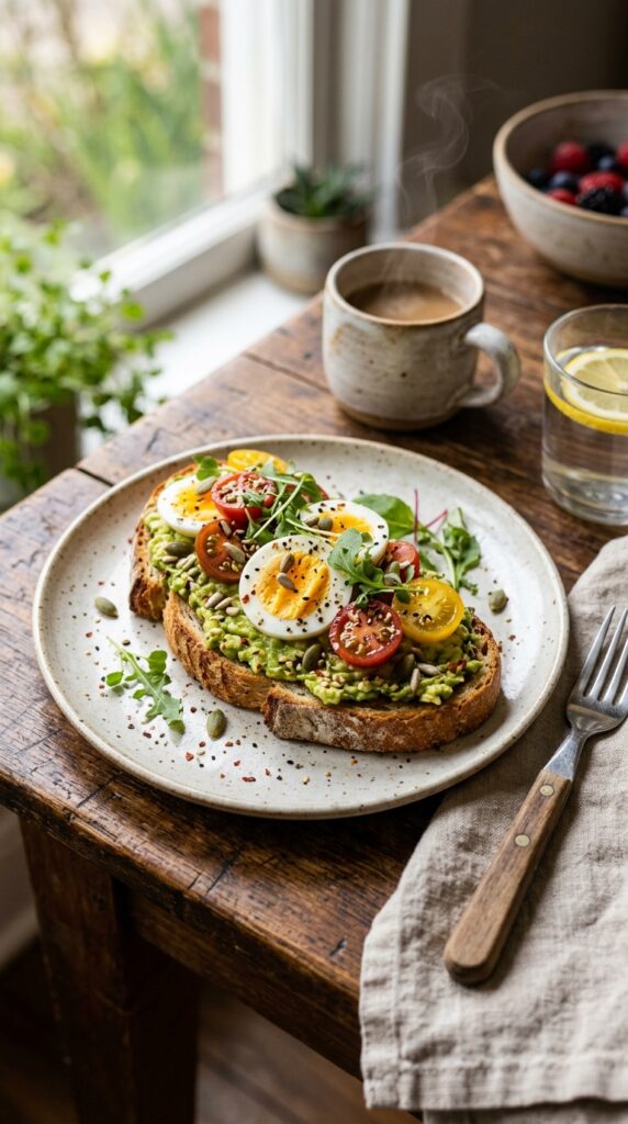 How to Make Healthy Avocado Toast with Nutritious Toppings 2 Rustic avocado toast topped with eggs, cherry tomatoes, seeds, and microgreens in natural morning light.