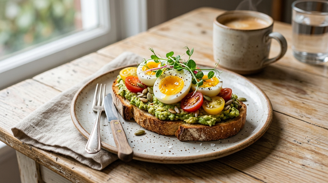 Rustic avocado toast topped with eggs, cherry tomatoes, seeds, and microgreens in natural morning light.