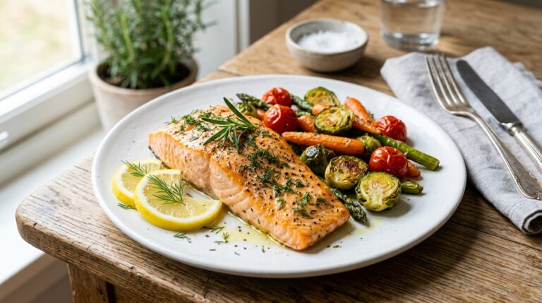 Juicy baked salmon served with lemon slices, fresh herbs, and roasted vegetables on a white plate in natural kitchen lighting.