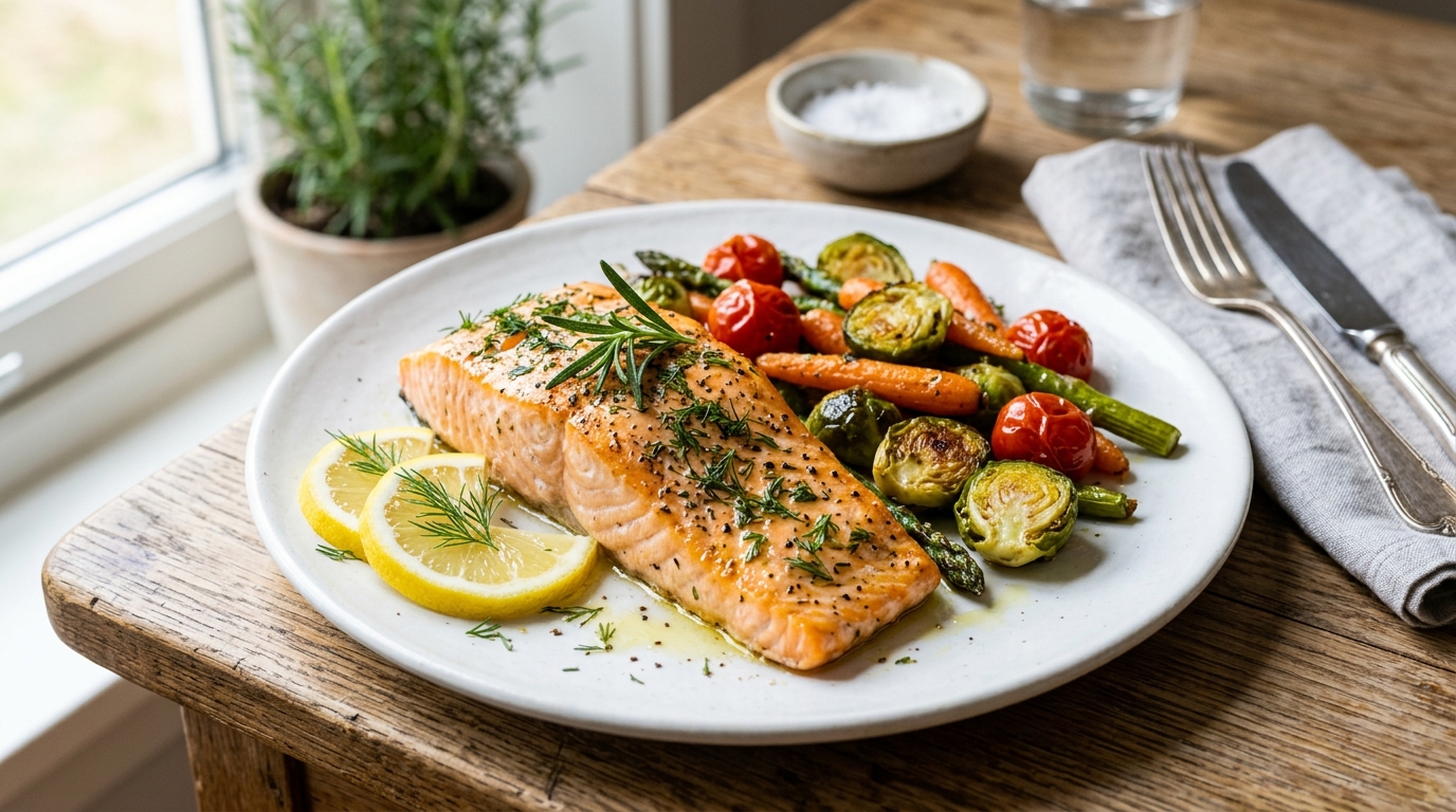 Juicy baked salmon served with lemon slices, fresh herbs, and roasted vegetables on a white plate in natural kitchen lighting.