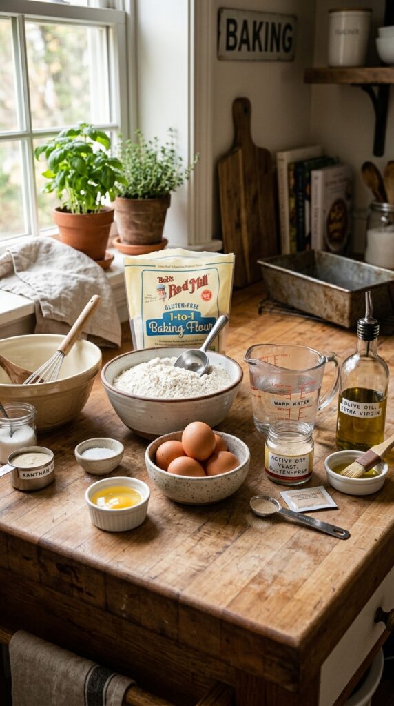 Gluten free bread ingredients arranged on a kitchen counter in soft natural light.
