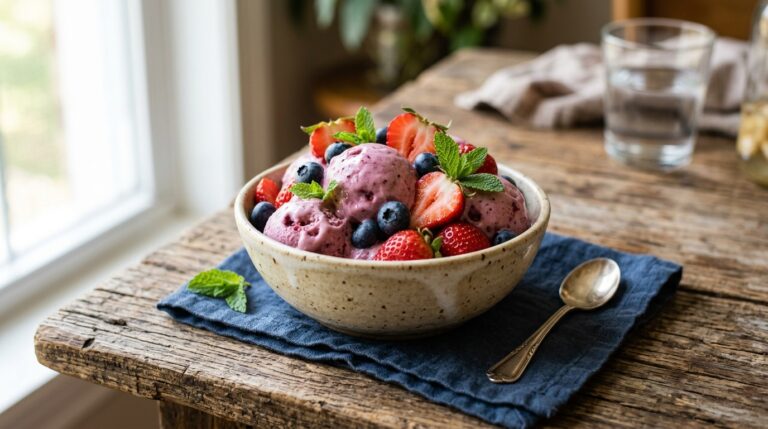 Creamy banana berry ice cream topped with fresh berries and mint on a rustic wooden table.