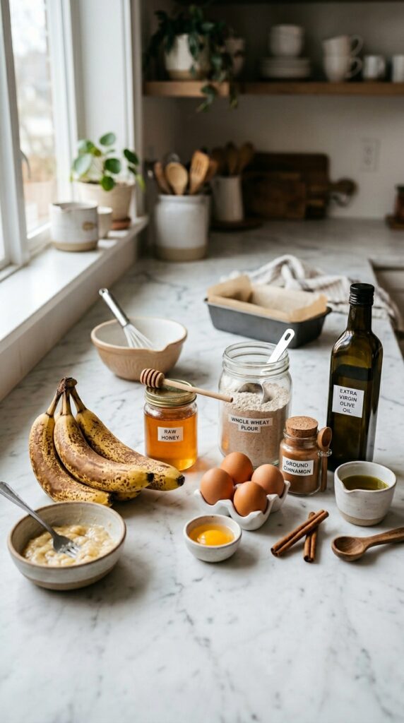 How to Make Healthy Banana Bread with No Butter 3 Banana bread ingredients on counter 202605010953