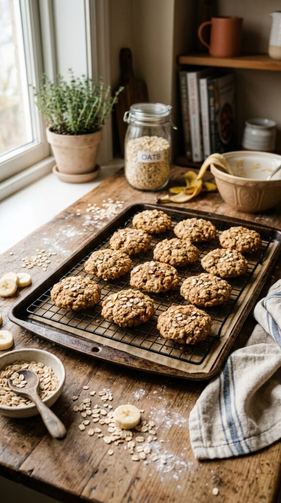 Soft banana oat cookies cooling on a baking tray with scattered oats in a cozy kitchen setting.
