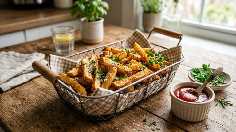 Golden crispy air fryer fries served with ketchup and fresh herbs on a rustic wooden table in natural light.