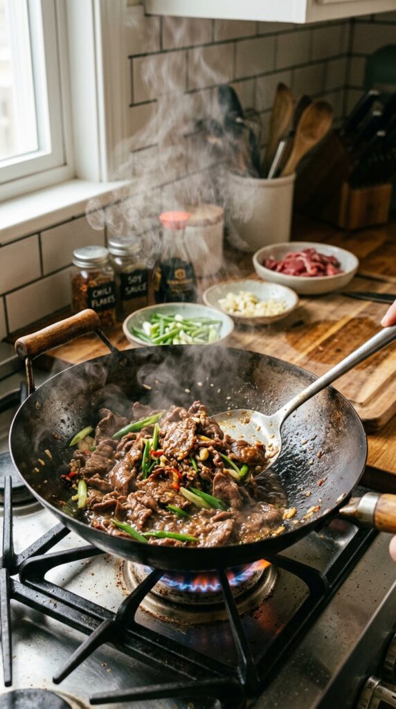 How to Make Healthy Beef Stir Fry in Under 20 Minutes 4 Colorful vegetable stir fry with broccoli, carrots, and bell peppers cooking in a wok under warm kitchen light.