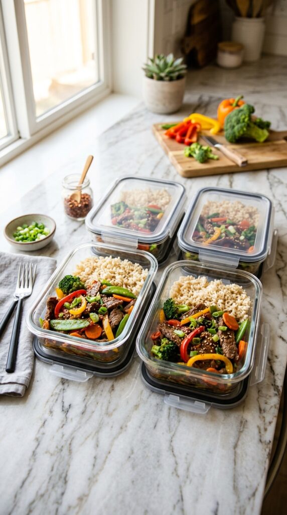 How to Make Healthy Beef Stir Fry in Under 20 Minutes 5 Colorful vegetable stir fry with broccoli, carrots, and bell peppers cooking in a wok under warm kitchen light.