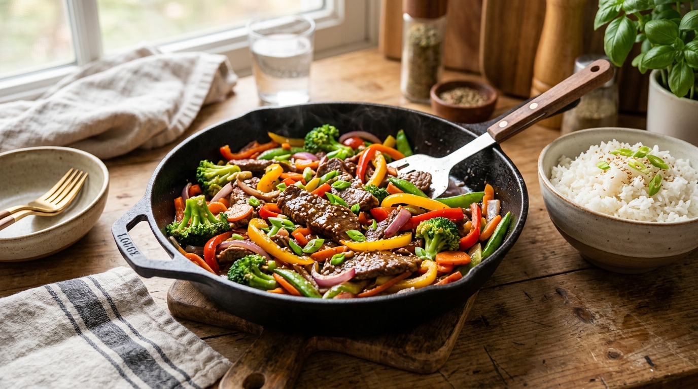 Healthy beef stir fry with colorful vegetables and sliced beef served over rice in warm kitchen lighting.