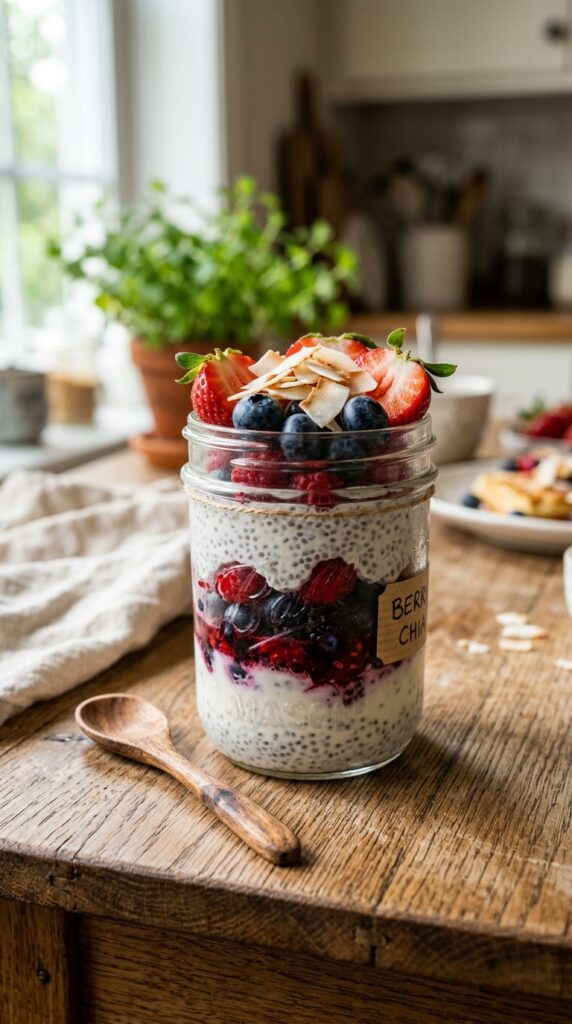How to Make Healthy Vegan Desserts with No Refined Sugar 6 Layered berry chia pudding topped with strawberries, blueberries, and coconut flakes in a glass jar beside a wooden spoon