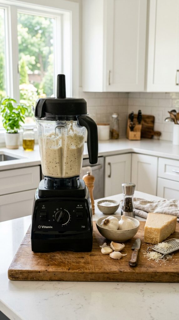  Fresh ingredients for healthy creamy pasta arranged on a kitchen counter including whole wheat pasta, cauliflower, garlic, spinach, milk, and Parmesan cheese