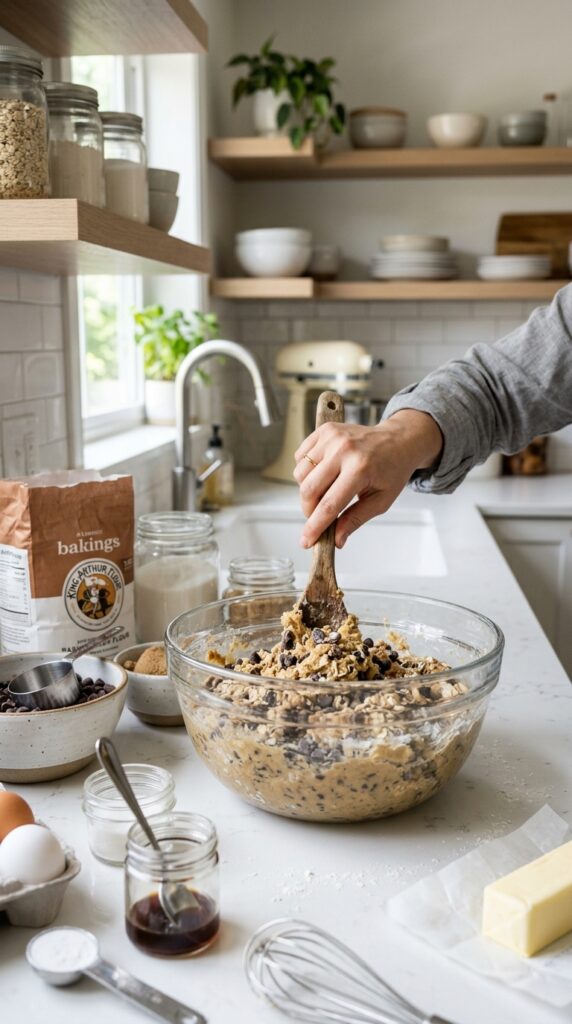 Healthy cookie ingredients with whole wheat flour, dark chocolate chips, honey, coconut oil, and eggs on a wooden counter.
