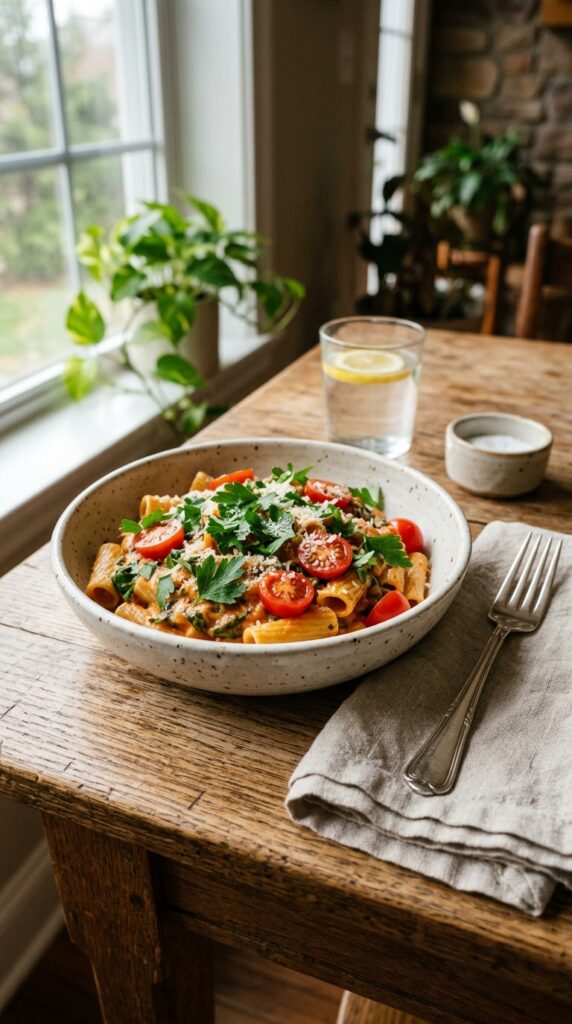 A warm bowl of healthy creamy pasta topped with fresh parsley and cherry tomatoes served on a rustic table with cozy natural lighting.