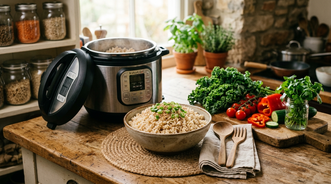 A warm bowl of fluffy brown rice in an Instant Pot kitchen setting, surrounded by fresh vegetables,