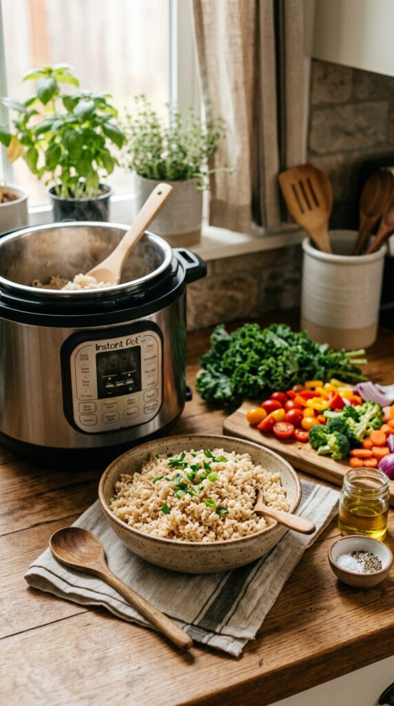 Healthy Instant Pot Brown Rice Every Time warm bowl of fluffy brown rice in an Instant Pot kitchen setting, surrounded by fresh vegetables,