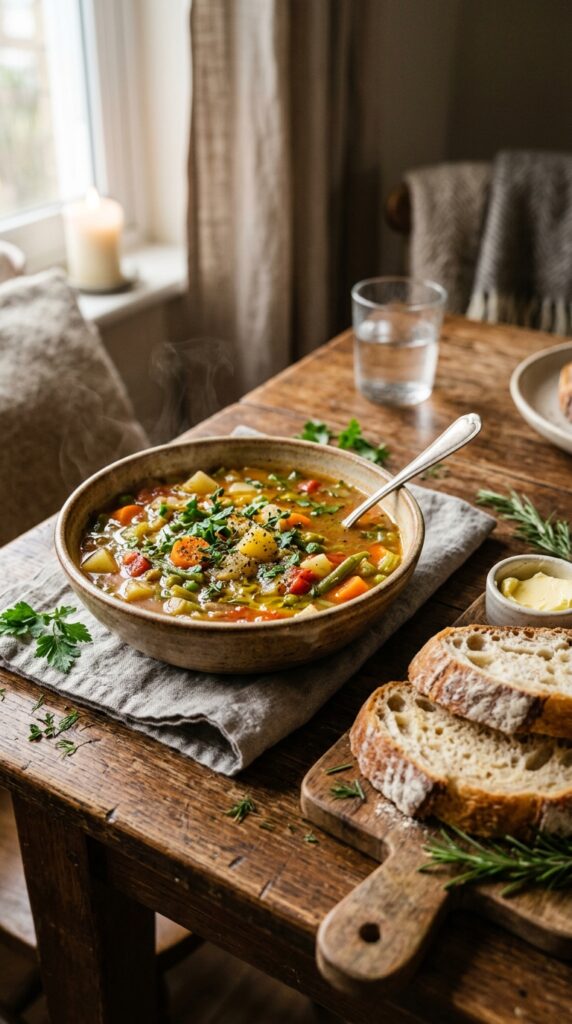 Glass jars filled with golden homemade soup stock lined up on a kitchen counter beside fresh herbs and vegetables,