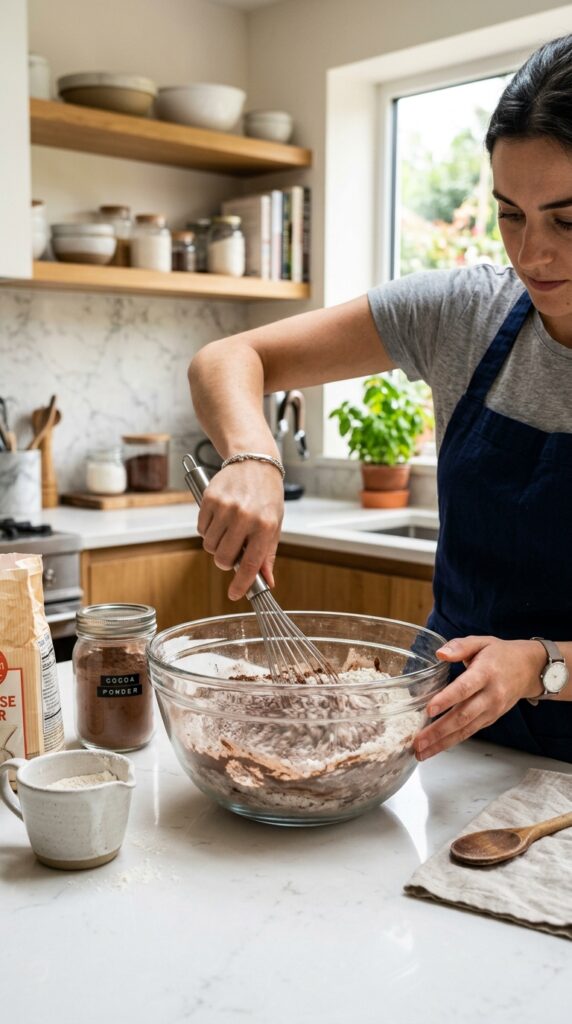 How to Bake Healthy Chocolate Cake with Less Sugar 4 This helps distribute the cocoa and leavening ingredients properly for a soft, fluffy texture.