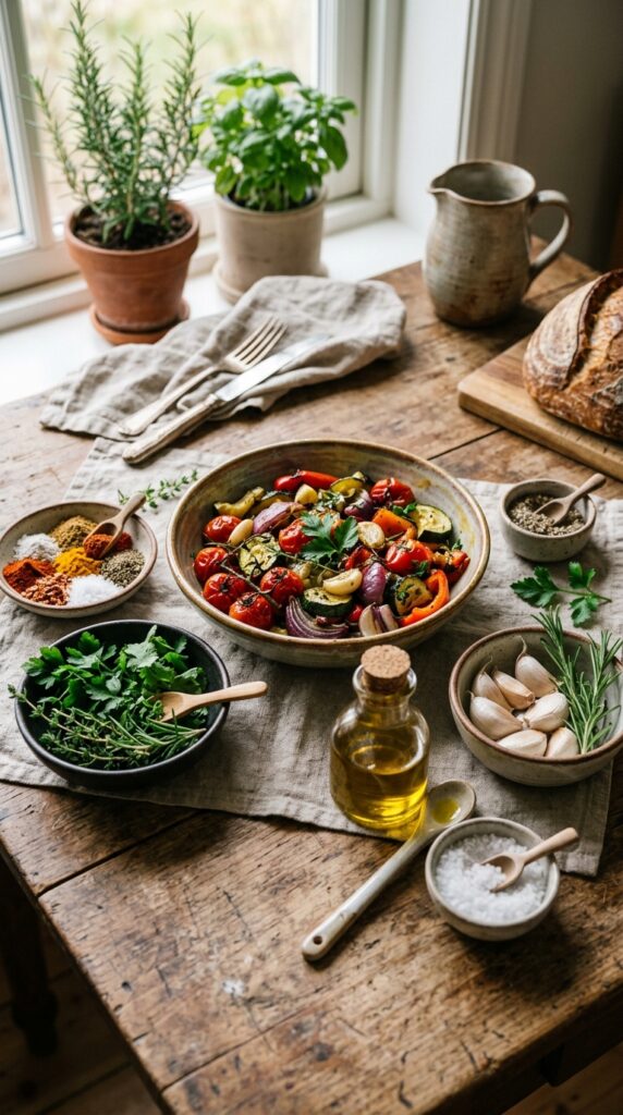 Small bowls of colorful spices, fresh herbs, olive oil, garlic, and roasted vegetables on a rustic kitchen table