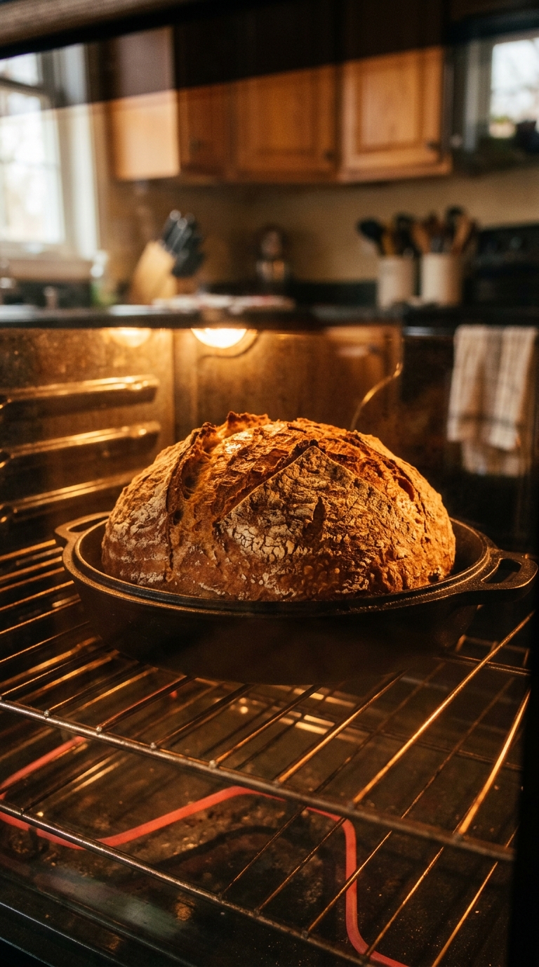 Golden brown gluten free bread baking in the oven with a crispy crust.
