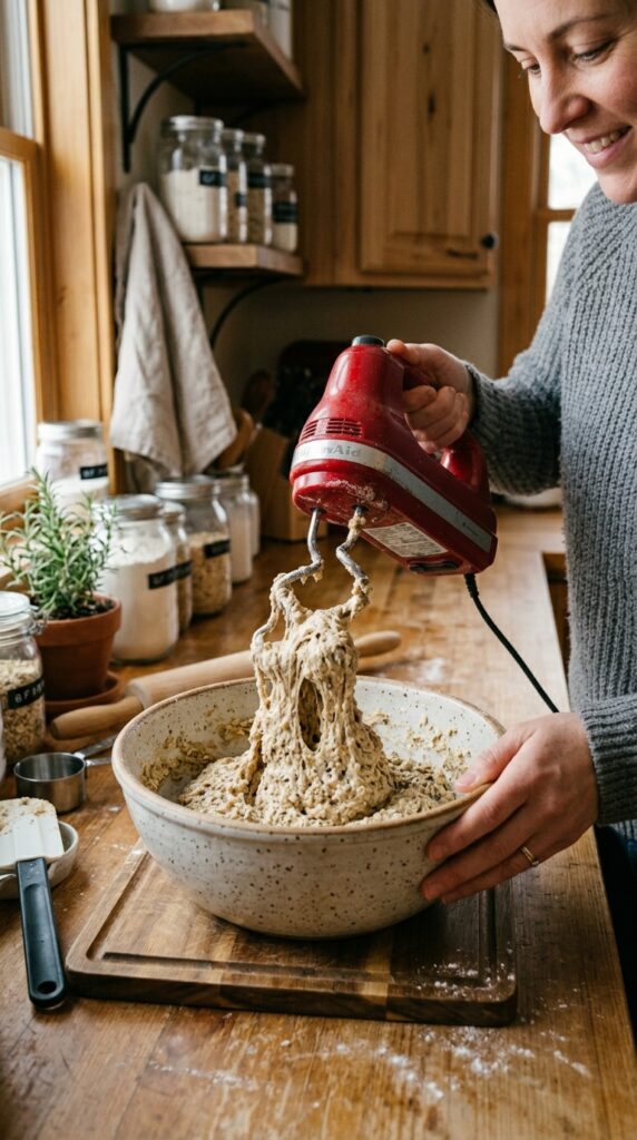 Gluten free bread dough being mixed in a kitchen bowl with a hand mixer.
