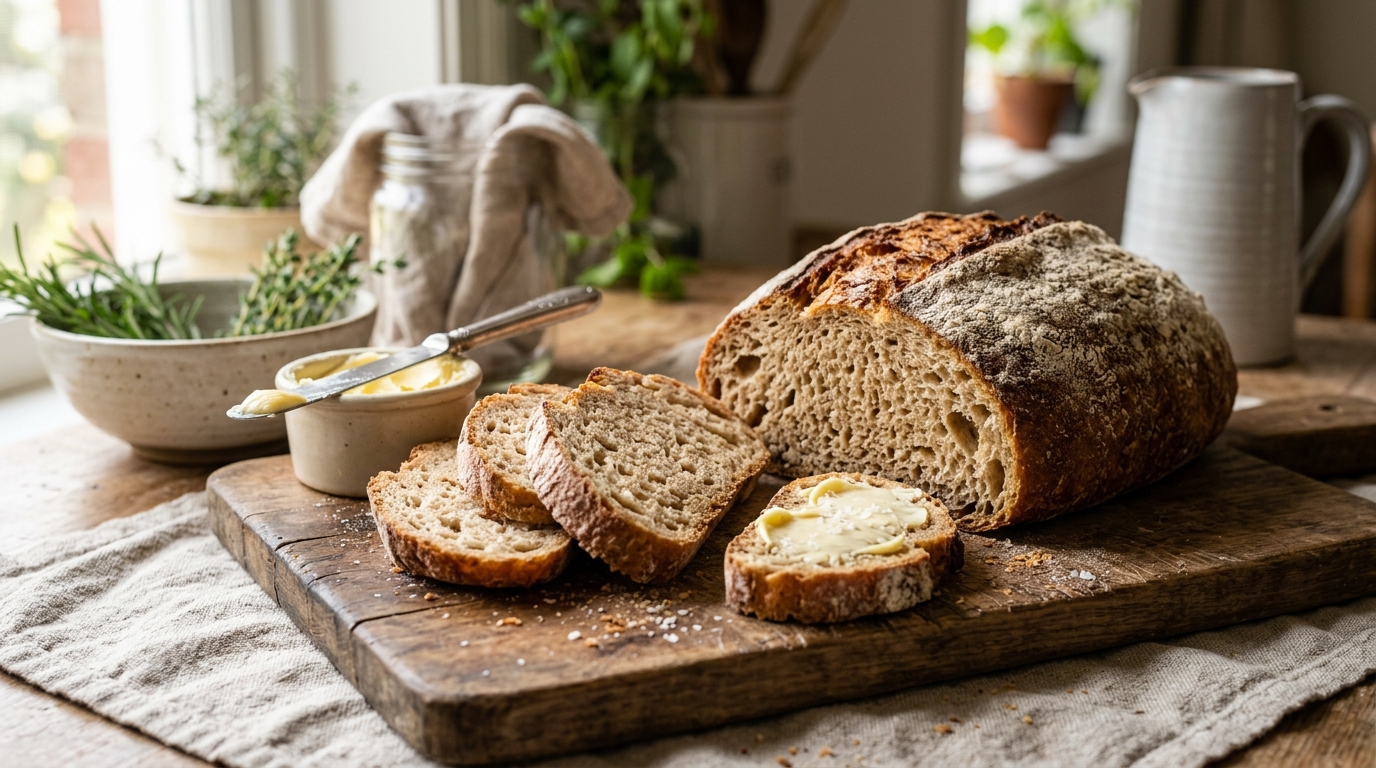 Freshly sliced gluten free bread loaf with butter on a rustic wooden board.