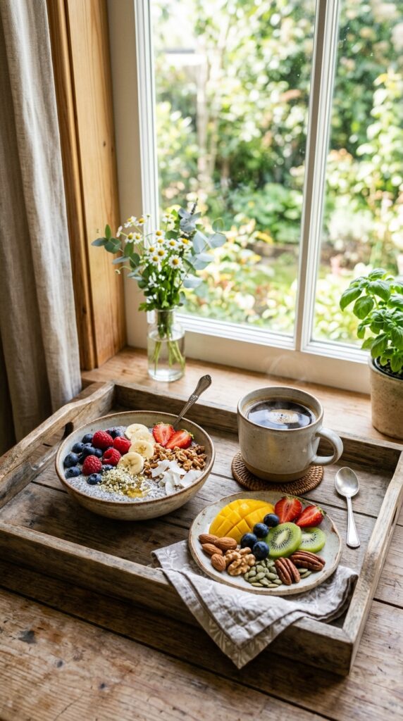 Healthy breakfast tray with chia pudding, fresh fruits, nuts, and coffee by a sunny window.