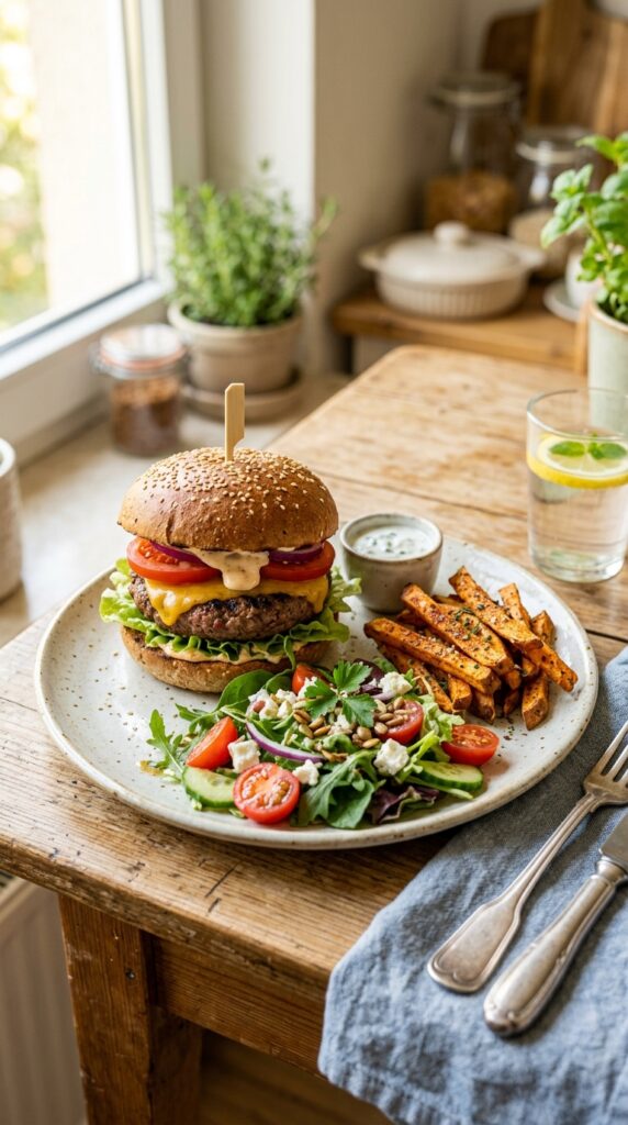 How to Make Healthy Homemade Burgers with Lean Meat 5 Healthy homemade burger served with baked sweet potato fries and fresh salad on a white plate in bright natural light.