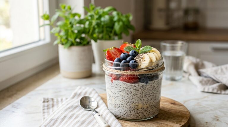 Creamy chia pudding topped with fresh berries and banana in a glass jar.