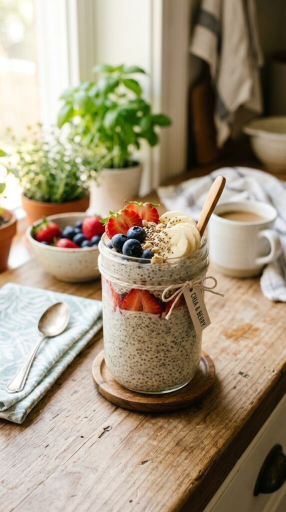 Healthy Chia Pudding Recipe Creamy chia pudding topped with fresh berries and banana in a glass jar.