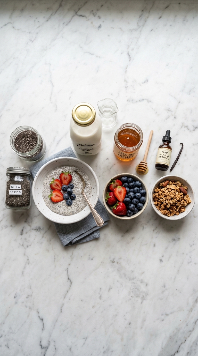 Chia pudding ingredients arranged neatly on a marble countertop.