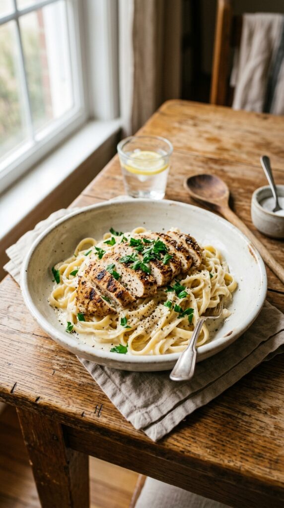 healthy chicken Alfredo Fresh stir fry ingredients including sliced beef, broccoli, bell peppers, garlic, and sauce ingredients on a wooden counter.