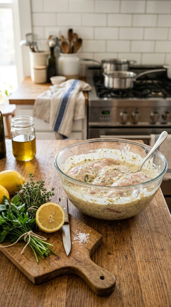 Raw chicken breasts coated in creamy marinade inside a glass bowl with fresh herbs and lemon on a kitchen countertop.