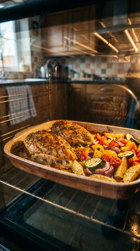 How to Meal Prep Healthy Chicken for the Whole Week 4 Fresh raw chicken breasts with colorful vegetables, olive oil, garlic, and meal prep containers neatly displayed on a marble kitchen countertop.