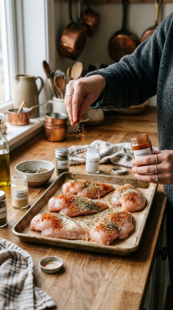 How to Bake Healthy Chicken Breast That's Never Dry 4 Chicken breasts being seasoned with paprika, garlic powder, and herbs on a baking tray in a cozy kitchen.