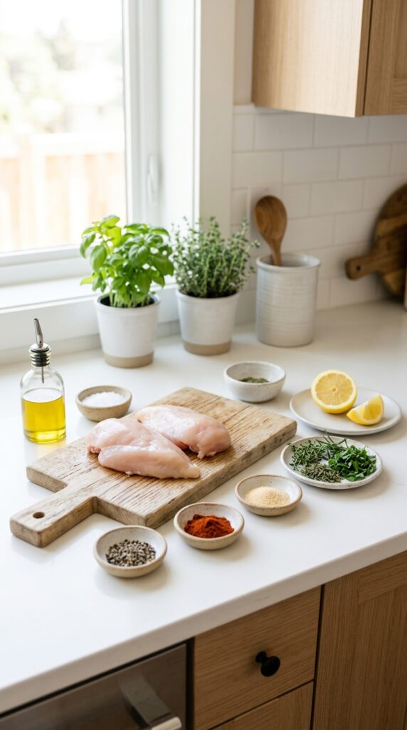 How to Bake Healthy Chicken Breast That's Never Dry 3 Raw chicken breasts with olive oil, spices, herbs, and lemon arranged neatly on a bright kitchen counter.