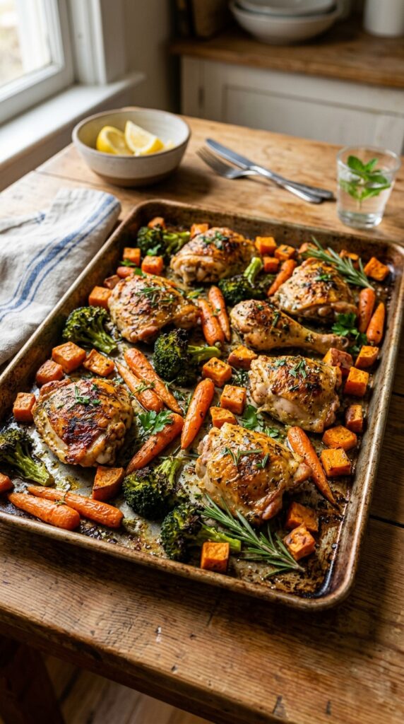 How to Make Healthy Sheet Pan Dinners for Busy Nights 2 Healthy Sheet Pan Dinners Steaming chicken noodle soup with shredded chicken and vegetables in a white bowl.
